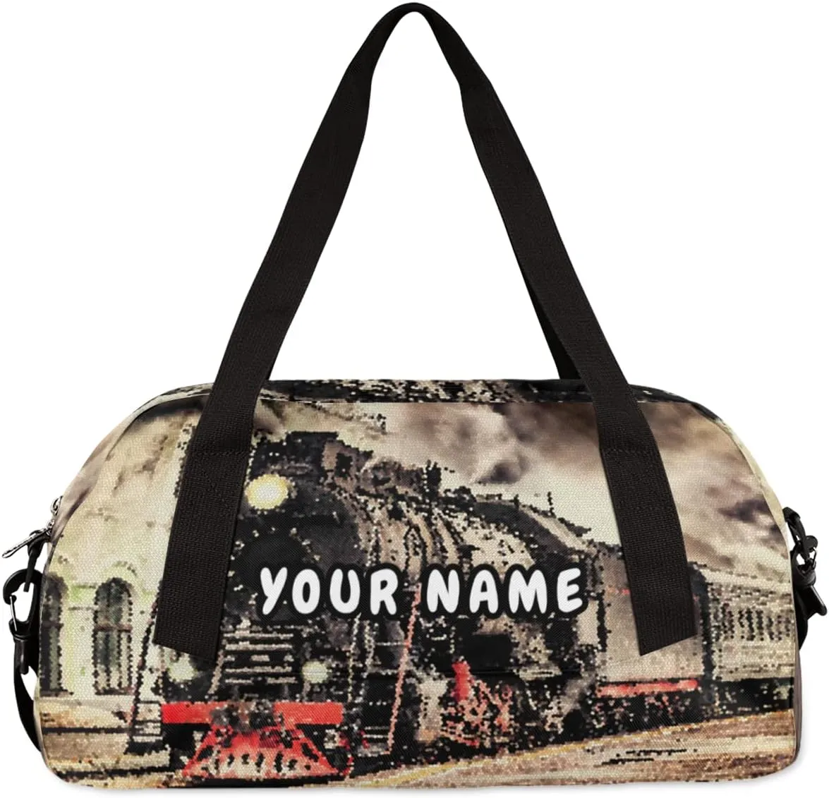 Retro Steam Train Personalized Kids Duffel Bag for Girls Boys, Train Debris Custom Name Dance Bag Overnight Small Duffel Bag Carry On Weekend Sports Travel Bag for School Practice Gymnastics Ballet