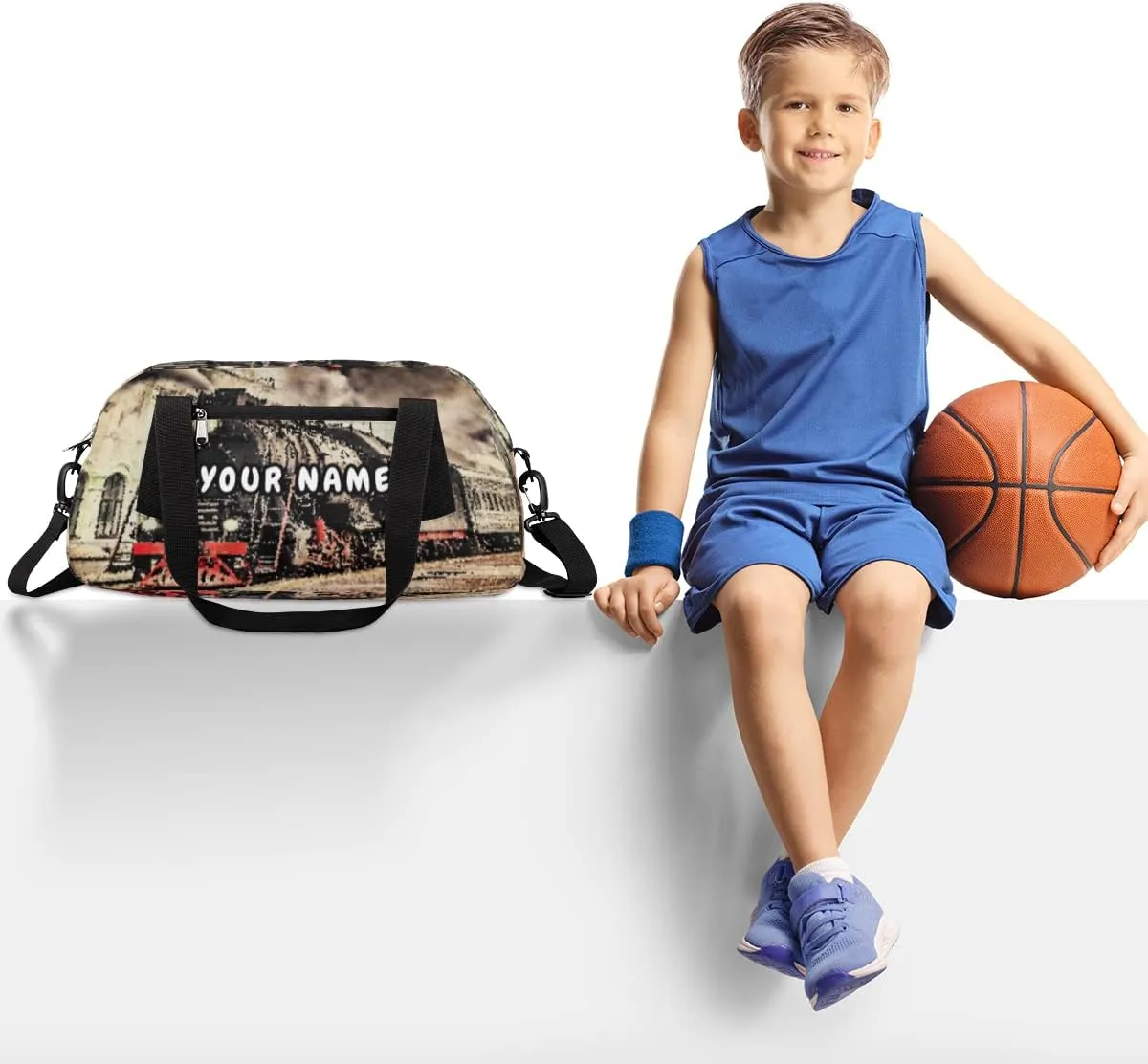 Retro Steam Train Personalized Kids Duffel Bag for Girls Boys, Train Debris Custom Name Dance Bag Overnight Small Duffel Bag Carry On Weekend Sports Travel Bag for School Practice Gymnastics Ballet