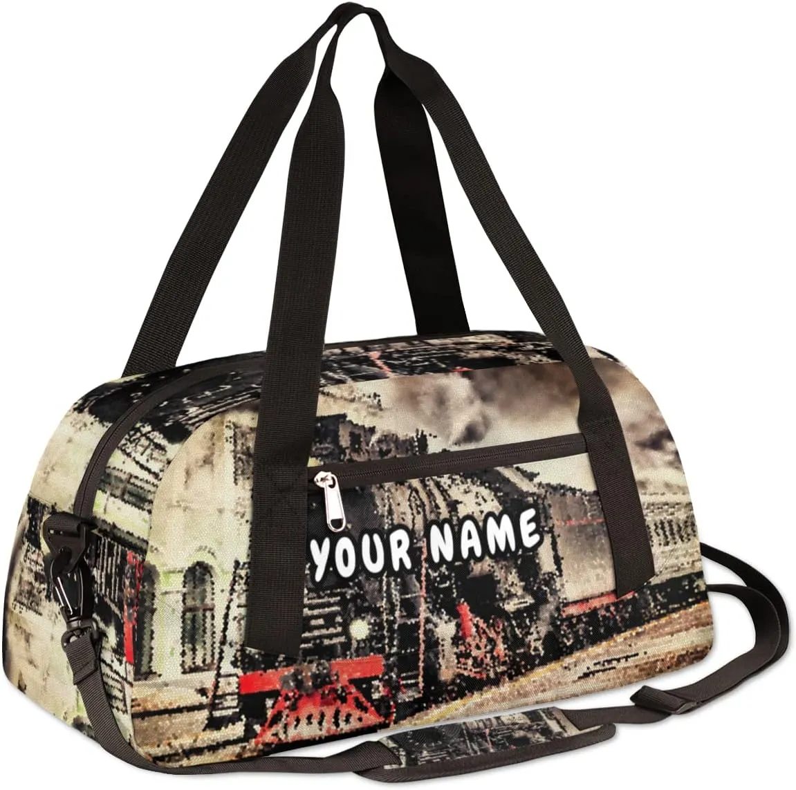 Retro Steam Train Personalized Kids Duffel Bag for Girls Boys, Train Debris Custom Name Dance Bag Overnight Small Duffel Bag Carry On Weekend Sports Travel Bag for School Practice Gymnastics Ballet
