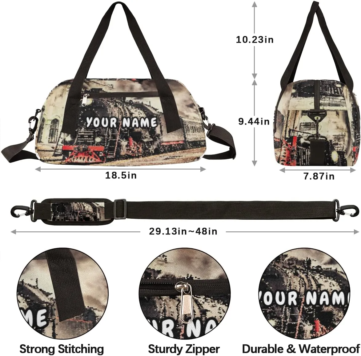 Retro Steam Train Personalized Kids Duffel Bag for Girls Boys, Train Debris Custom Name Dance Bag Overnight Small Duffel Bag Carry On Weekend Sports Travel Bag for School Practice Gymnastics Ballet