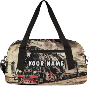 Retro Steam Train Personalized Kids Duffel Bag for Girls Boys, Train Debris Custom Name Dance Bag Overnight Small Duffel Bag Carry On Weekend Sports Travel Bag for School Practice Gymnastics Ballet