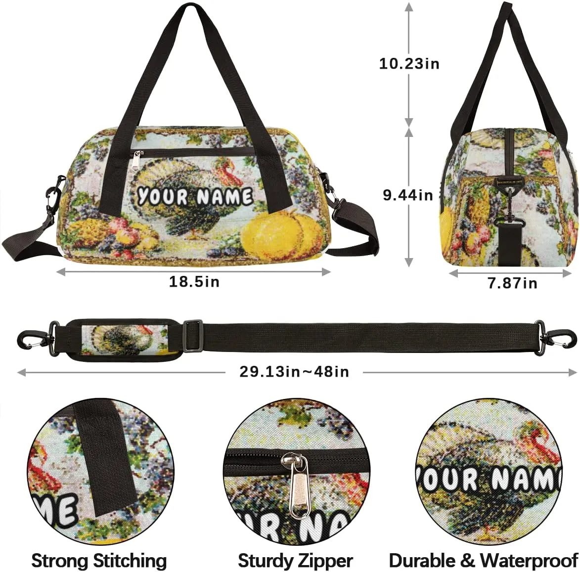 Retro Thanksgiving Fall Personalized Kids Duffel Bag for Girls Boys, Thanksgiving Debris Custom Name Overnight Small Duffel Bag Carry On Weekend Sports Travel Bag for School Practice Gymnastics Ballet