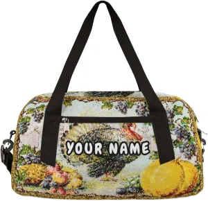 Retro Thanksgiving Fall Personalized Kids Duffel Bag for Girls Boys, Thanksgiving Debris Custom Name Overnight Small Duffel Bag Carry On Weekend Sports Travel Bag for School Practice Gymnastics Ballet