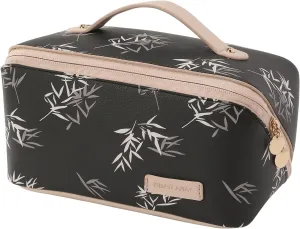 RIGHT AWAY Travel Makeup Bag, Large Cosmetic Bag for Women, Portable Waterproof PU Leather Toiletry Bag, Parallel Make up Organizer with Divider and Handle（Black）