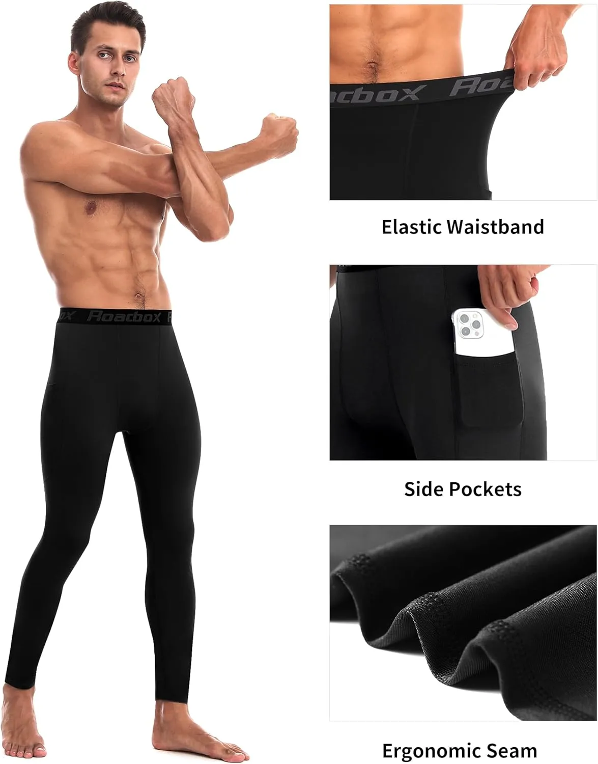 Roadbox 1/2 Pack Thermal Compression Pants for Men Fleece Lined Football Running Tights Base Layer Leggings with Pockets