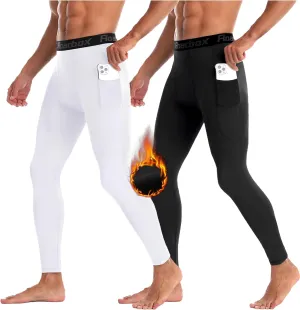 Roadbox 1/2 Pack Thermal Compression Pants for Men Fleece Lined Football Running Tights Base Layer Leggings with Pockets