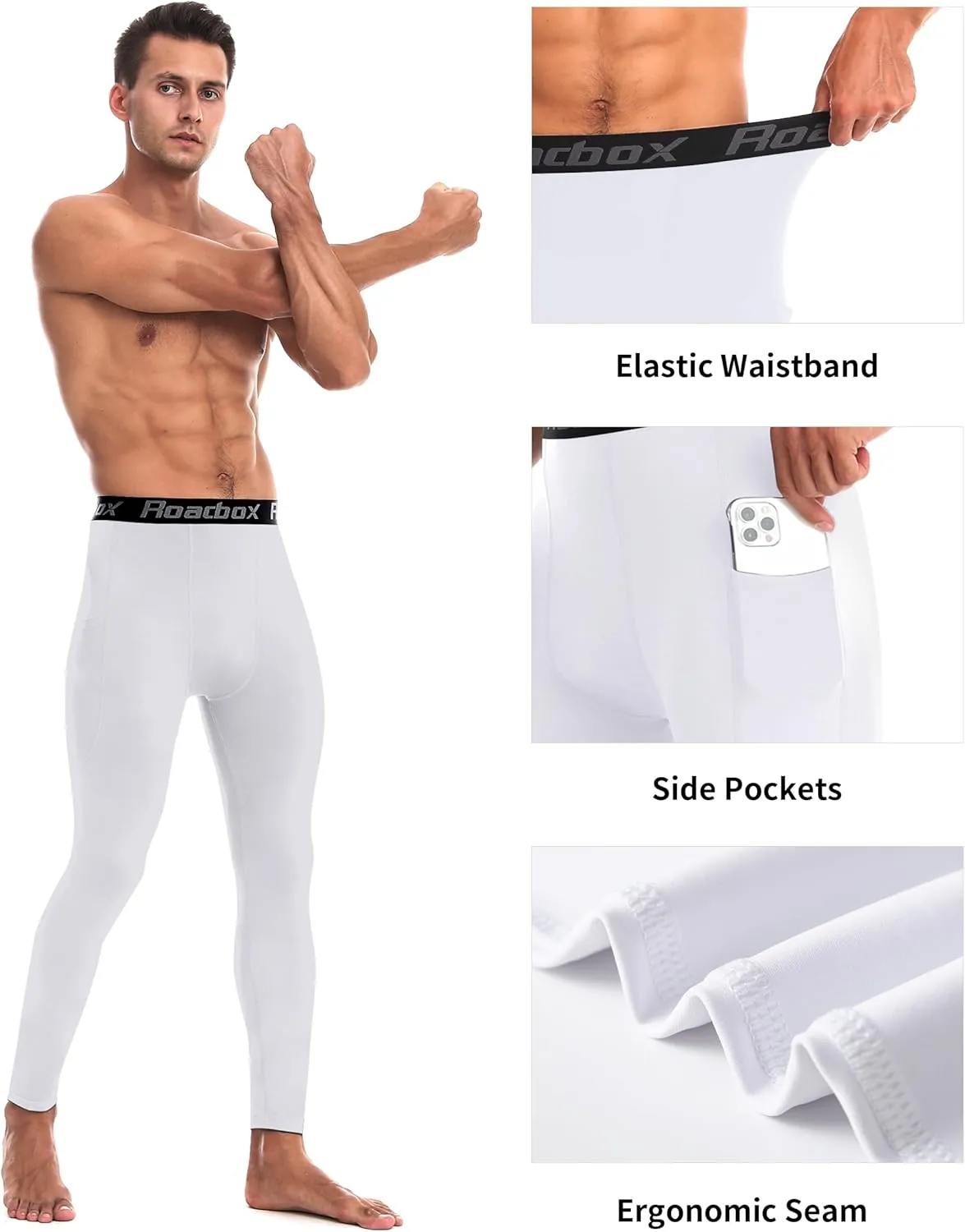 Roadbox 1/2 Pack Thermal Compression Pants for Men Fleece Lined Football Running Tights Base Layer Leggings with Pockets