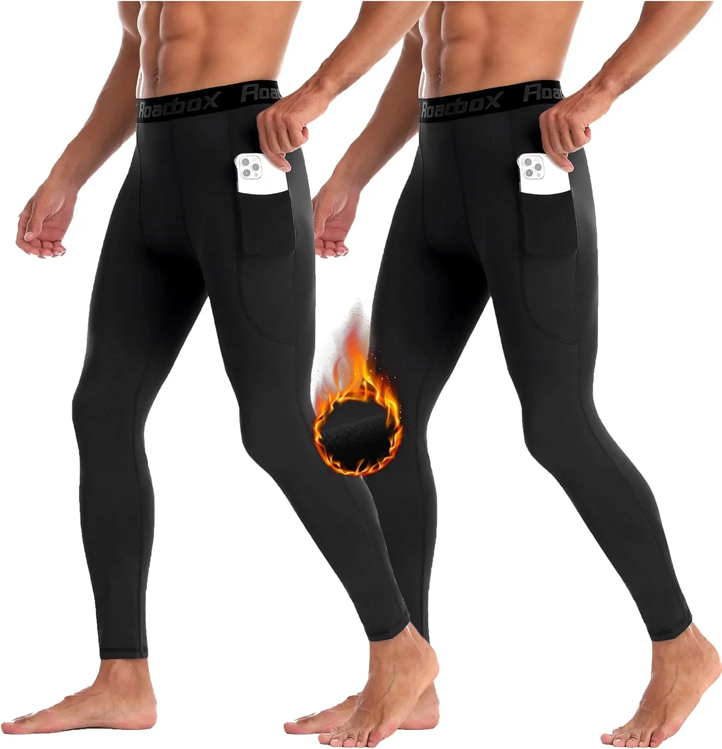 Roadbox 1/2 Pack Thermal Compression Pants for Men Fleece Lined Football Running Tights Base Layer Leggings with Pockets