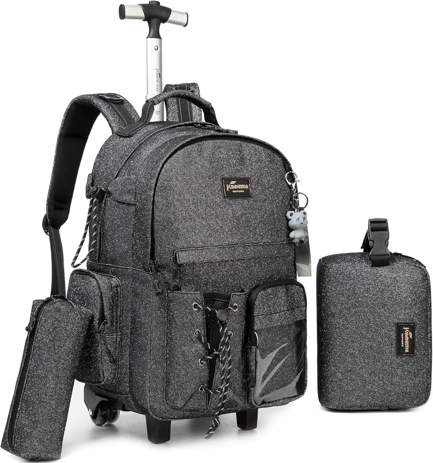 Rolling Backpack for Girls Boys with Wheels, Lunch Bag, Pencil Case, Black School Backpack, Kids Suitcase, Back to School Supplies, F0328