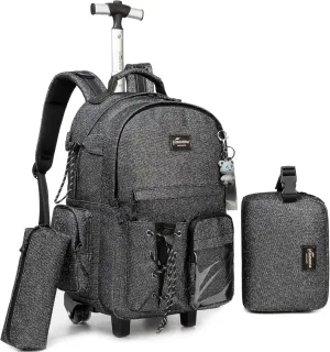 Rolling Backpack for Girls Boys with Wheels, Lunch Bag, Pencil Case, Black School Backpack, Kids Suitcase, Back to School Supplies, F0328