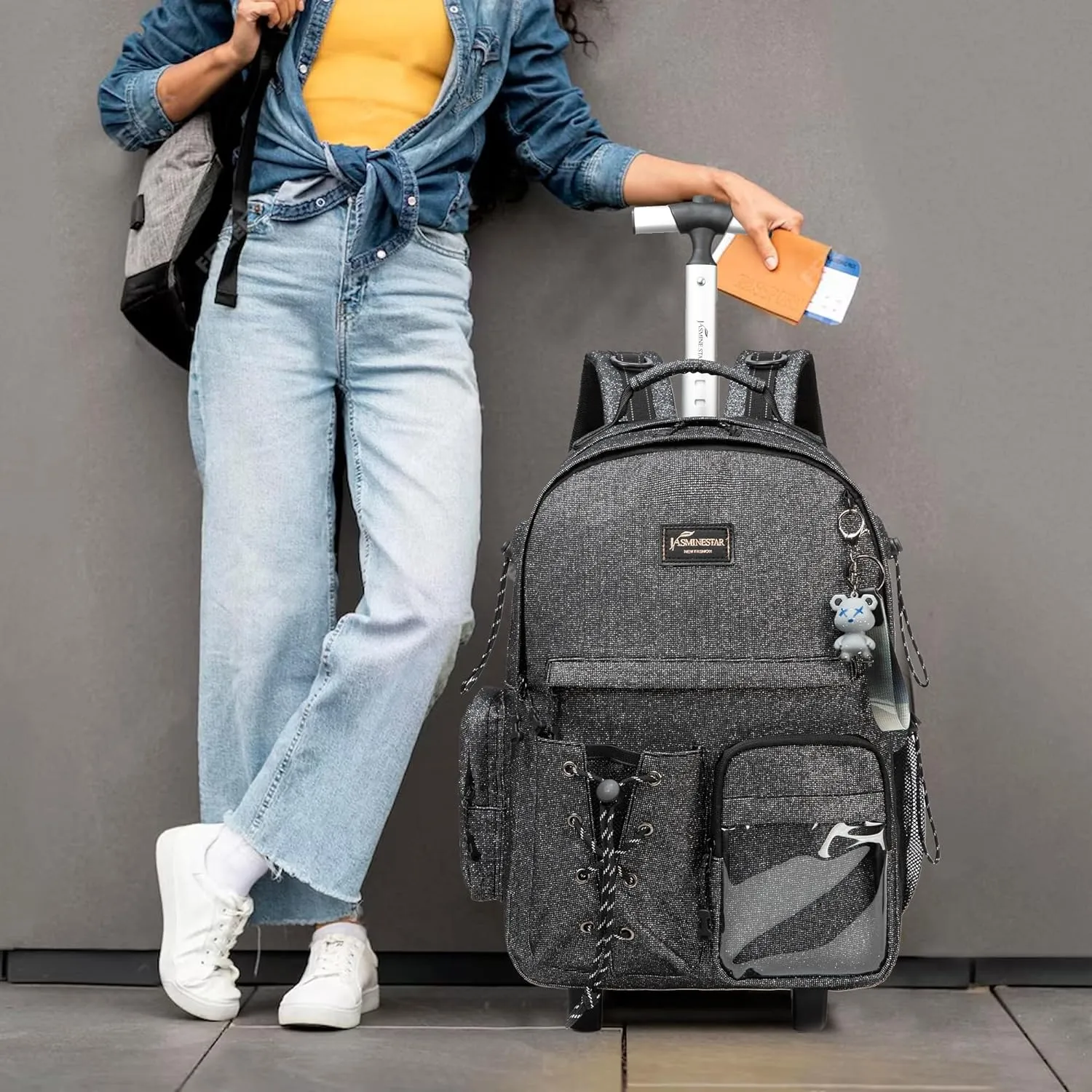 Rolling Backpack for Girls Boys with Wheels, Lunch Bag, Pencil Case, Black School Backpack, Kids Suitcase, Back to School Supplies, F0328