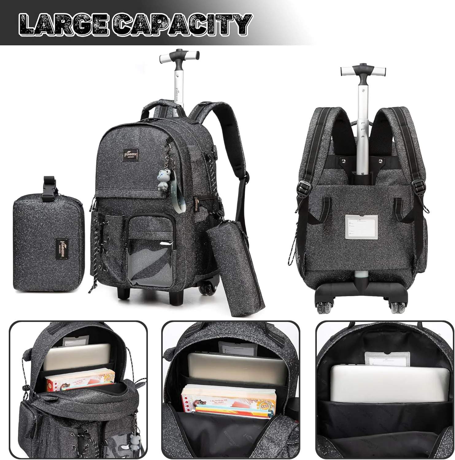 Rolling Backpack for Girls Boys with Wheels, Lunch Bag, Pencil Case, Black School Backpack, Kids Suitcase, Back to School Supplies, F0328