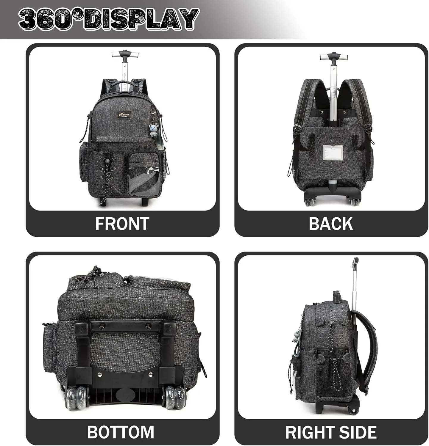 Rolling Backpack for Girls Boys with Wheels, Lunch Bag, Pencil Case, Black School Backpack, Kids Suitcase, Back to School Supplies, F0328