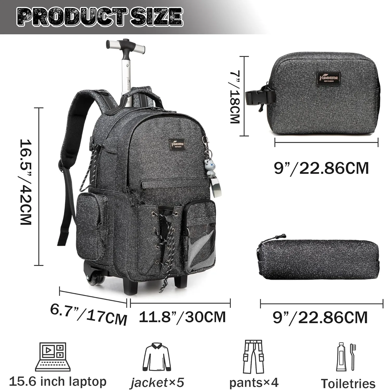 Rolling Backpack for Girls Boys with Wheels, Lunch Bag, Pencil Case, Black School Backpack, Kids Suitcase, Back to School Supplies, F0328