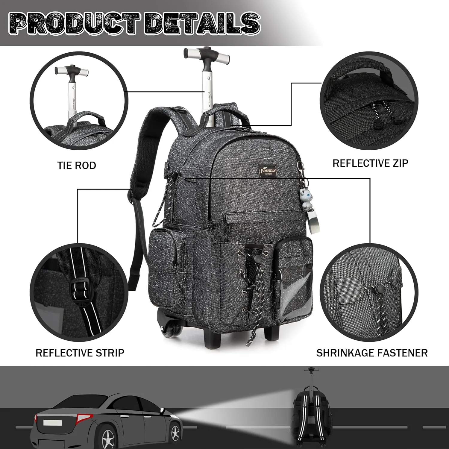 Rolling Backpack for Girls Boys with Wheels, Lunch Bag, Pencil Case, Black School Backpack, Kids Suitcase, Back to School Supplies, F0328