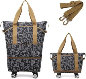 Rolling Duffle Bag Expandable Travel Bag with Detachable Wheels and Shoulder Strap Letter Pattern Foldable Carry On Bag Wheeled Weekend Bag for Women and Men - Black and White, 28591301ZO