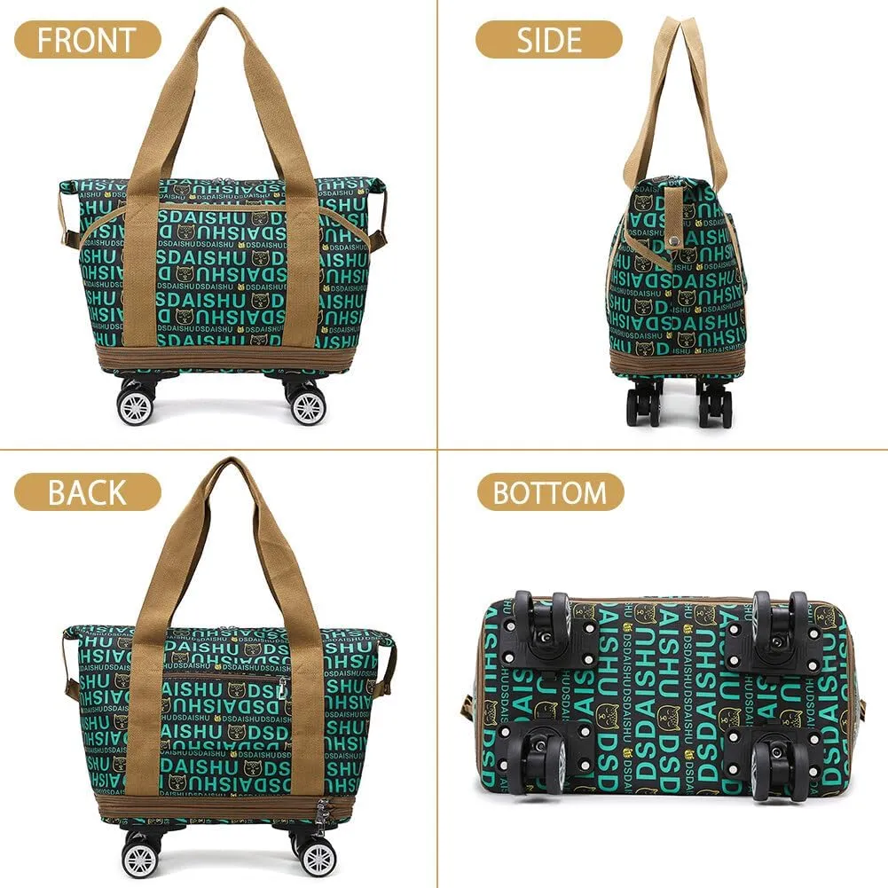 Rolling Duffle Bag Expandable Travel Bag with Detachable Wheels and Shoulder Strap Letter Pattern Foldable Carry On Bag Wheeled Weekend Bag for Women and Men - Black and White, 28591301ZO