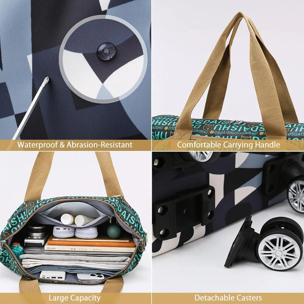 Rolling Duffle Bag Expandable Travel Bag with Detachable Wheels and Shoulder Strap Letter Pattern Foldable Carry On Bag Wheeled Weekend Bag for Women and Men - Black and White, 28591301ZO