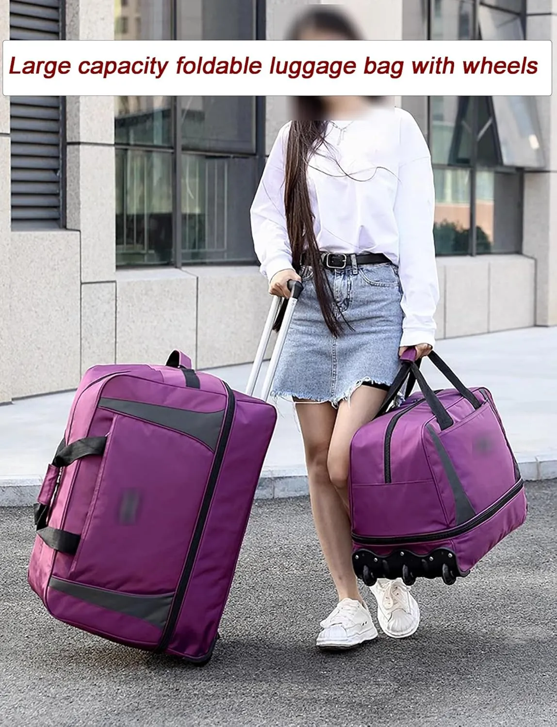 Rolling Duffle Bag, Wheeled Duffle Bag Large Capacity Foldable Travel Luggage with Telescopic Handle, Waterproof Overnight Bag for Travel, Gym, Yoga(Brown,Medium)