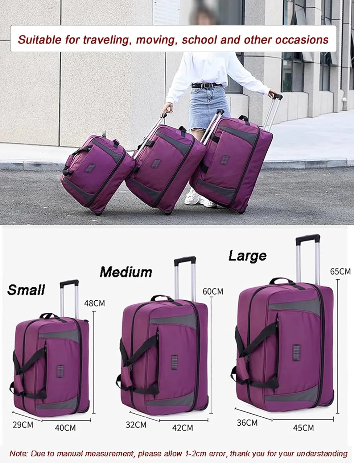 Rolling Duffle Bag, Wheeled Duffle Bag Large Capacity Foldable Travel Luggage with Telescopic Handle, Waterproof Overnight Bag for Travel, Gym, Yoga(Brown,Medium)