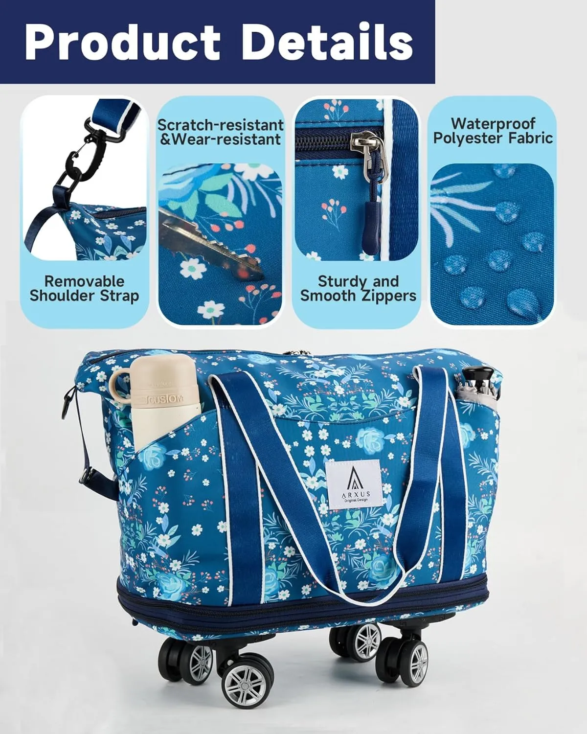 Rolling Duffle Bag with Detachable Wheels and Adjustable Shoulder Strap, Large Expandable Foldable Carry On Luggage Bag with Handle and Suitcase Sleeve, Weekend Travel Airplane 25L-55L