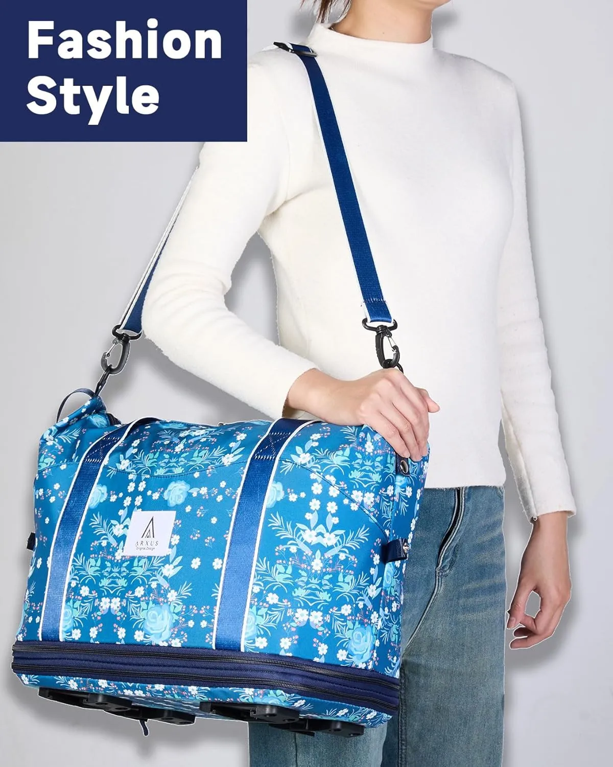 Rolling Duffle Bag with Detachable Wheels and Adjustable Shoulder Strap, Large Expandable Foldable Carry On Luggage Bag with Handle and Suitcase Sleeve, Weekend Travel Airplane 25L-55L