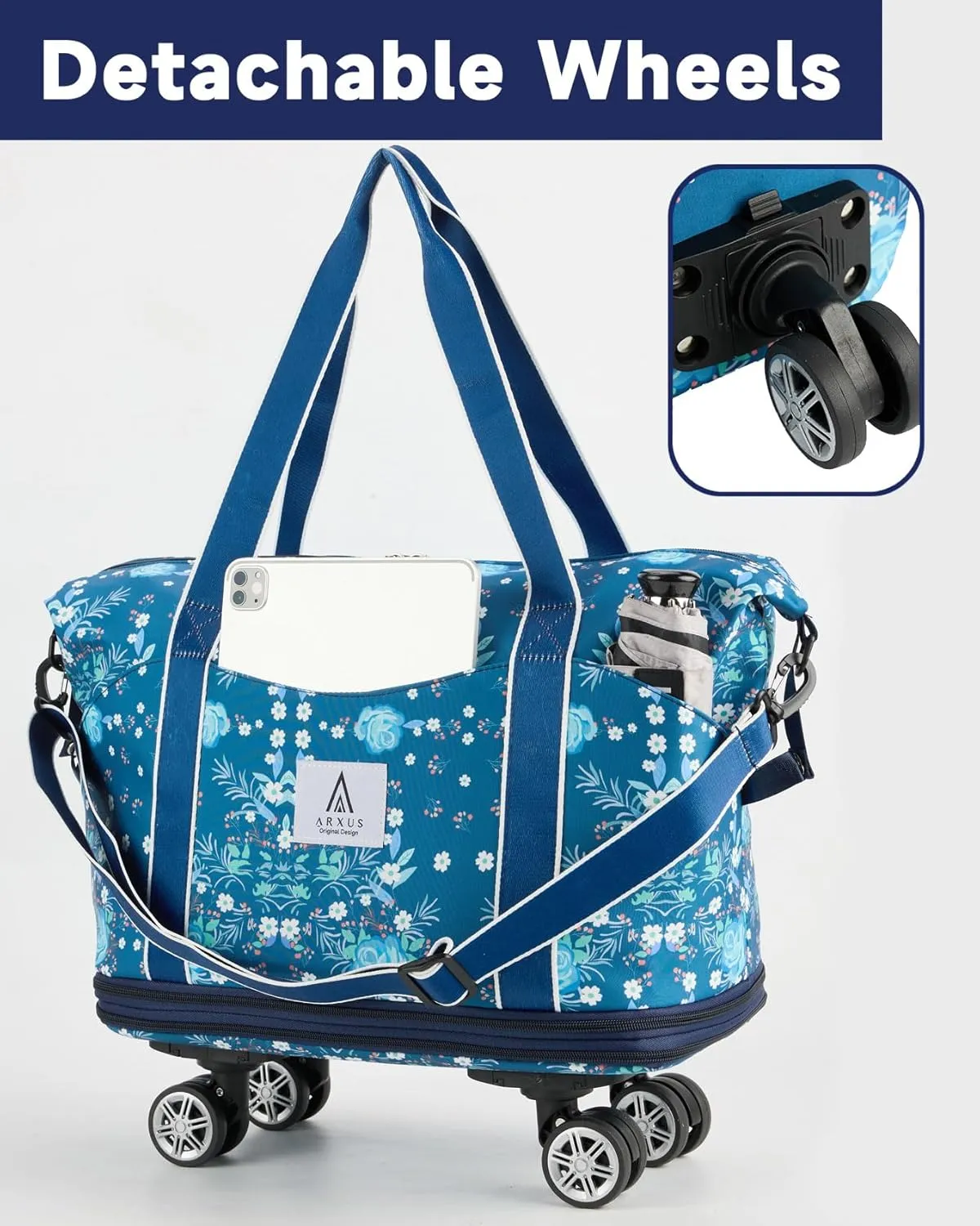 Rolling Duffle Bag with Detachable Wheels and Adjustable Shoulder Strap, Large Expandable Foldable Carry On Luggage Bag with Handle and Suitcase Sleeve, Weekend Travel Airplane 25L-55L