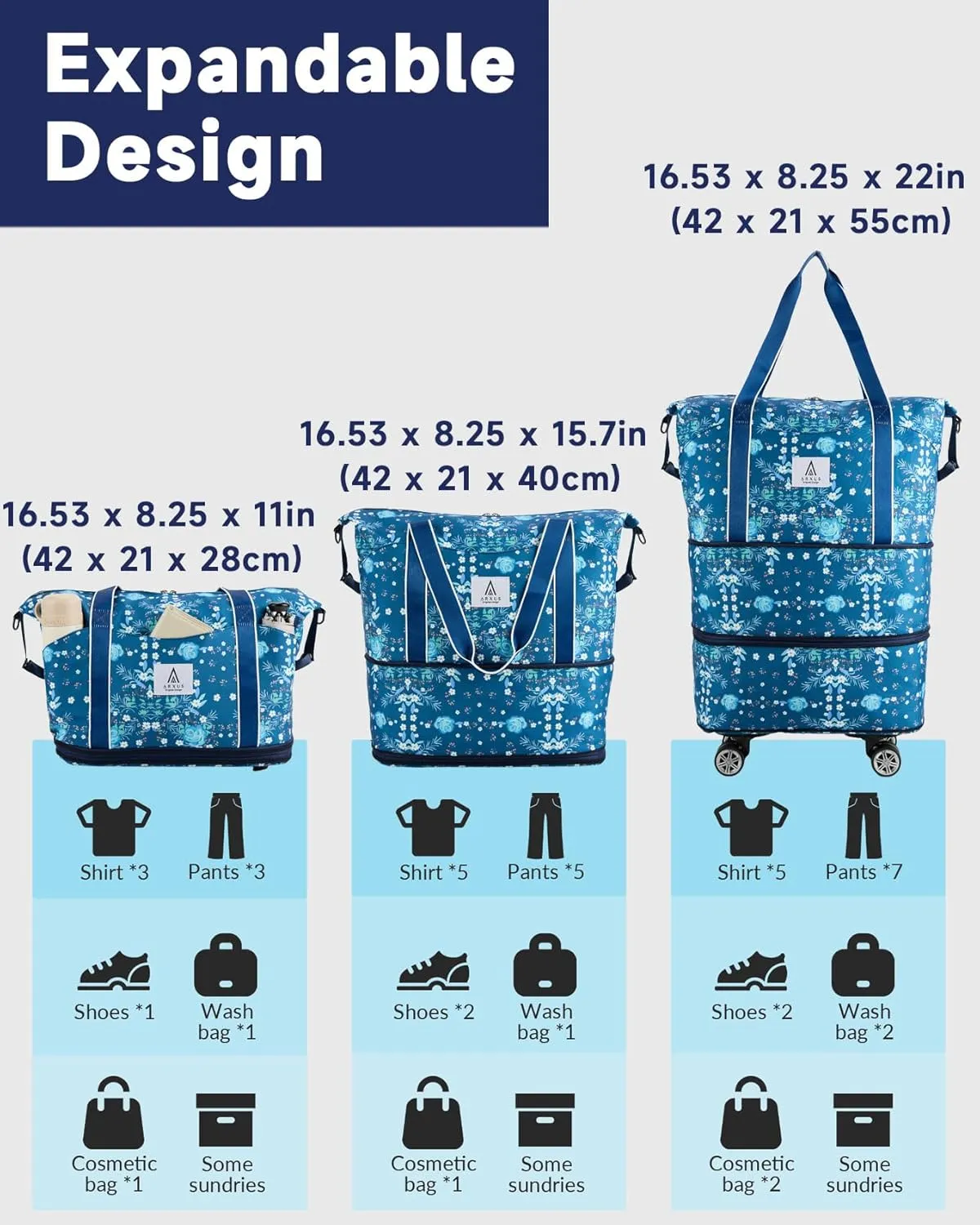 Rolling Duffle Bag with Detachable Wheels and Adjustable Shoulder Strap, Large Expandable Foldable Carry On Luggage Bag with Handle and Suitcase Sleeve, Weekend Travel Airplane 25L-55L