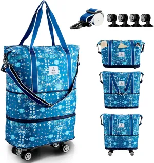 Rolling Duffle Bag with Detachable Wheels and Adjustable Shoulder Strap, Large Expandable Foldable Carry On Luggage Bag with Handle and Suitcase Sleeve, Weekend Travel Airplane 25L-55L