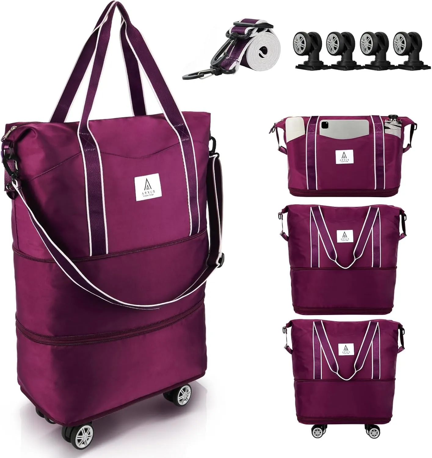 Rolling Duffle Bag with Detachable Wheels and Adjustable Shoulder Strap, Large Expandable Foldable Carry On Luggage Bag with Handle and Suitcase Sleeve, Weekender Bag for Travel Airplane 25L-55L