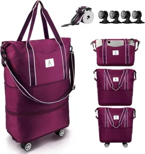 Rolling Duffle Bag with Detachable Wheels and Adjustable Shoulder Strap, Large Expandable Foldable Carry On Luggage Bag with Handle and Suitcase Sleeve, Weekender Bag for Travel Airplane 25L-55L