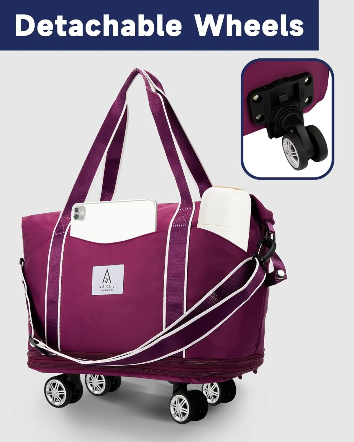 Rolling Duffle Bag with Detachable Wheels and Adjustable Shoulder Strap, Large Expandable Foldable Carry On Luggage Bag with Handle and Suitcase Sleeve, Weekender Bag for Travel Airplane 25L-55L