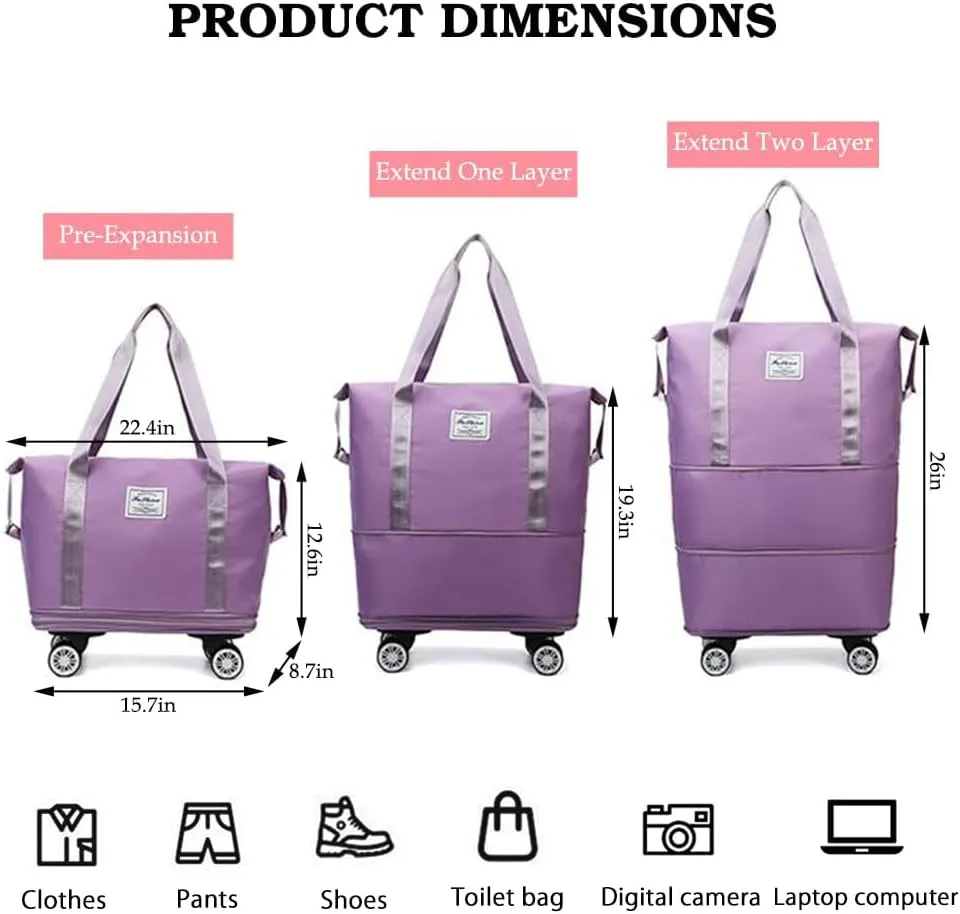 Rolling Duffle Bag with Wheels Foldable Luggage Bag Expandable Carry on Bag with Detachable Casters Dry Wet Separation Duffle Bag for Women & Men (Blue)