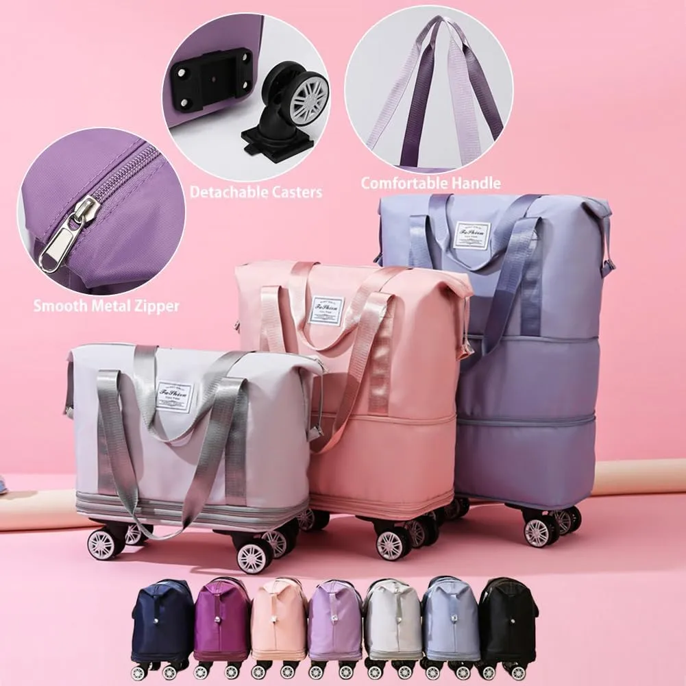 Rolling Duffle Bag with Wheels Foldable Luggage Bag Expandable Carry on Bag with Detachable Casters Dry Wet Separation Duffle Bag for Women & Men (Blue)
