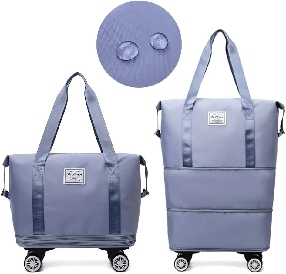 Rolling Duffle Bag with Wheels Foldable Luggage Bag Expandable Carry on Bag with Detachable Casters Dry Wet Separation Duffle Bag for Women & Men (Blue)