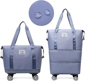 Rolling Duffle Bag with Wheels Foldable Luggage Bag Expandable Carry on Bag with Detachable Casters Dry Wet Separation Duffle Bag for Women & Men (Blue)