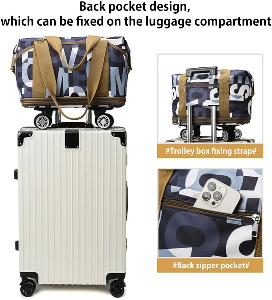 Rolling Duffle Bag with Wheels Foldable Luggage Bag Expandable Carry on Bag with Detachable Casters Dry Wet Separation Duffle Bag for Women & Men