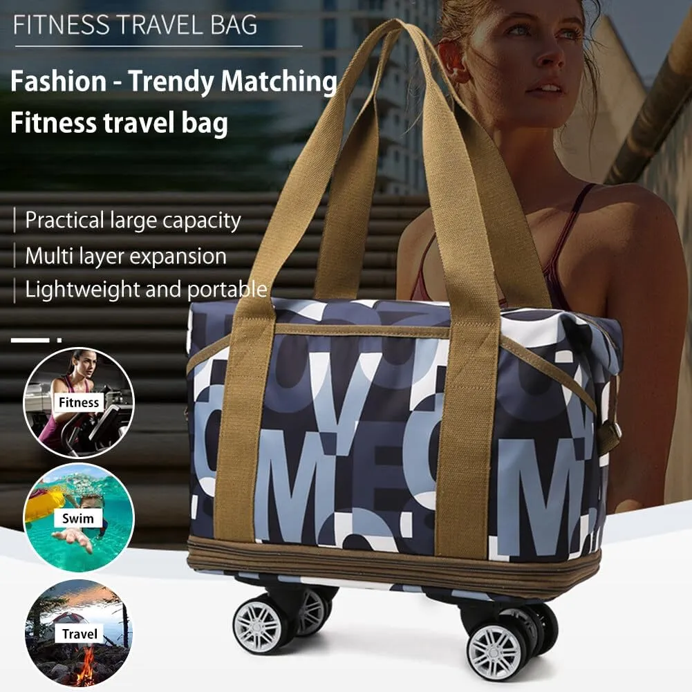 Rolling Duffle Bag with Wheels Foldable Luggage Bag Expandable Carry on Bag with Detachable Casters Dry Wet Separation Duffle Bag for Women & Men