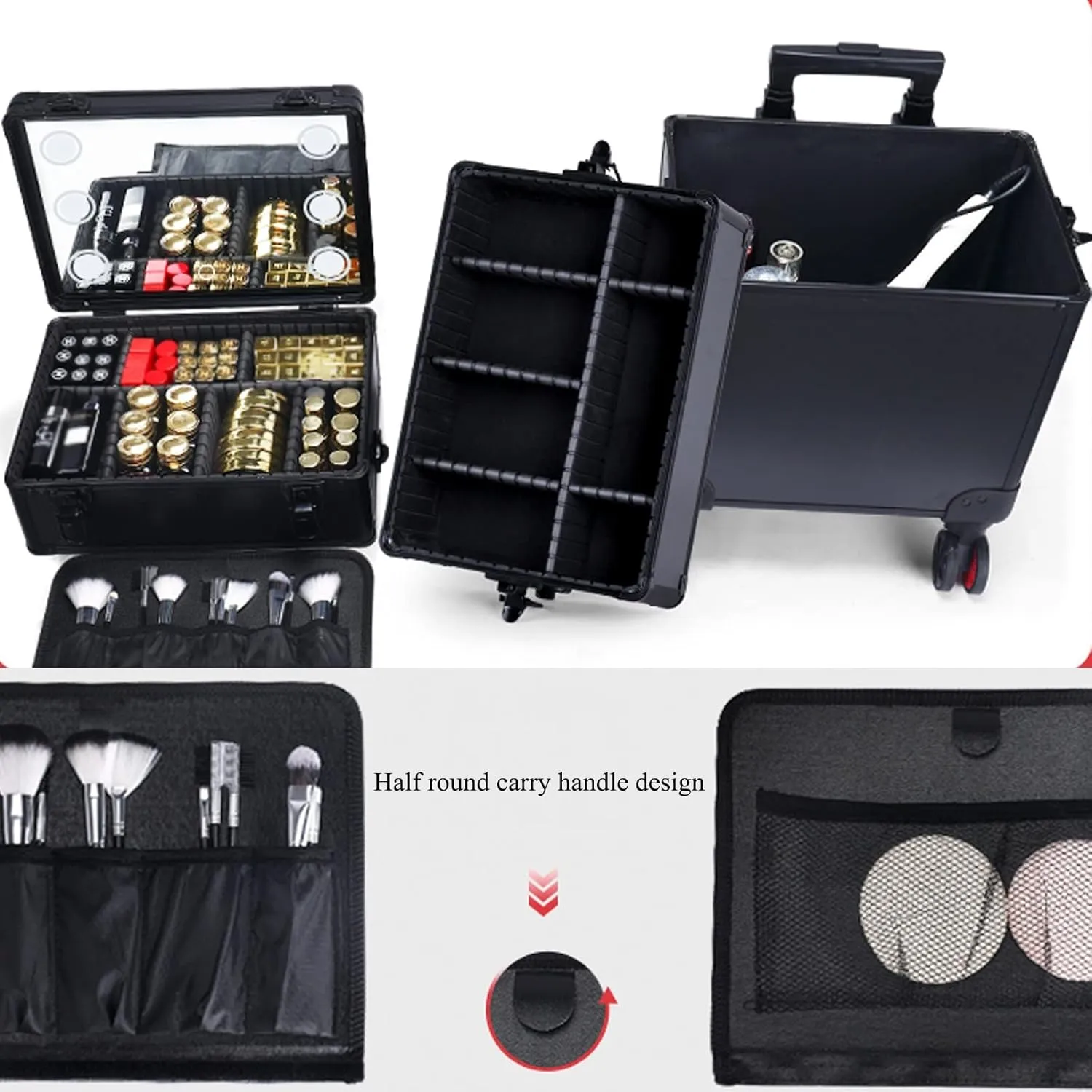 Rolling Makeup Case Professional Makeup Train Case Makeup Artist Travel Organizer, Three-tone Lighting, Adjustable Divider Design, Makeup Case Professional Makeup Case Omni-Directional Wheels ( Color