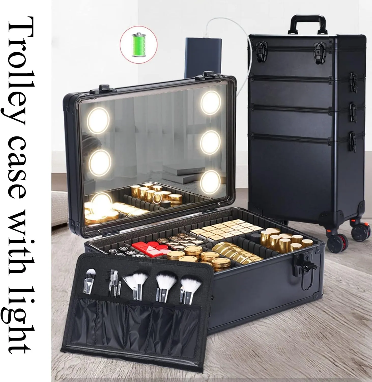 Rolling Makeup Case Professional Makeup Train Case Makeup Artist Travel Organizer, Three-tone Lighting, Adjustable Divider Design, Makeup Case Professional Makeup Case Omni-Directional Wheels ( Color