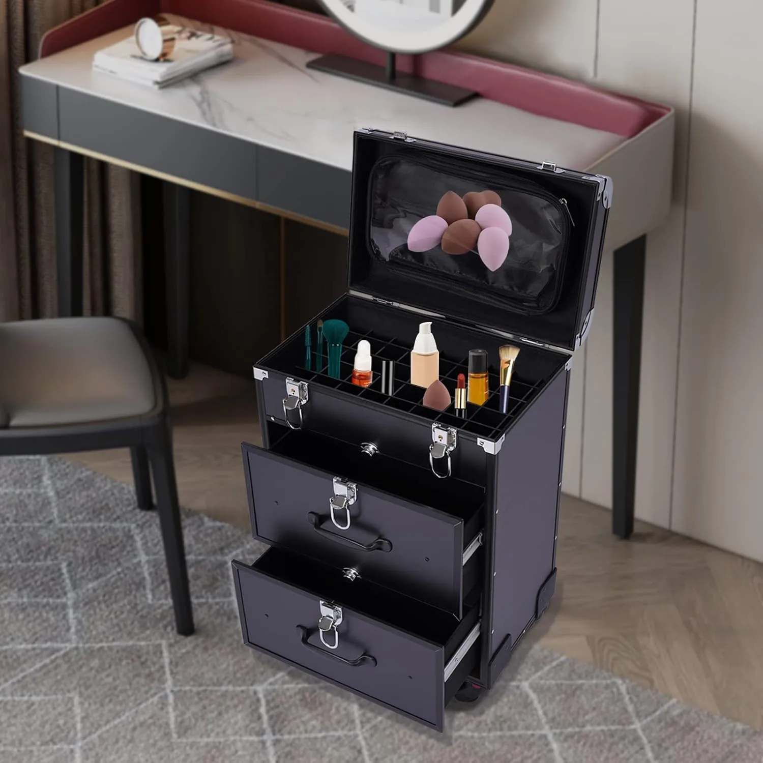 Rolling Makeup Case with Drawer, Large Cosmetic Trolley with Locks, Make up Bag with dividers, Cosmetics Storage Organizer for On The Go Makeup/Nail Art/Hair Styling (Black)