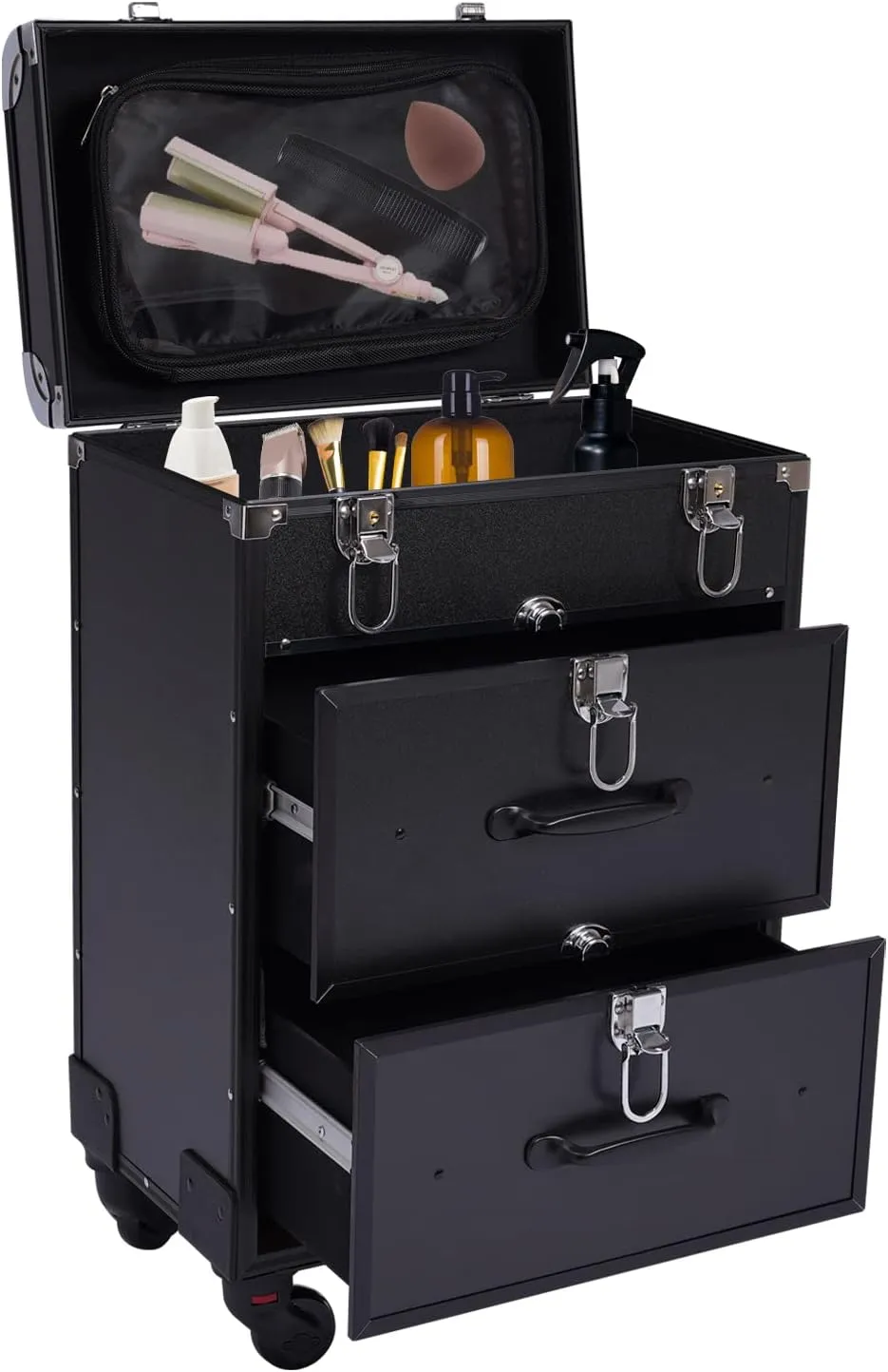 Rolling Makeup Case with Drawer, Large Cosmetic Trolley with Locks, Make up Bag with dividers, Cosmetics Storage Organizer for On The Go Makeup/Nail Art/Hair Styling (Black)