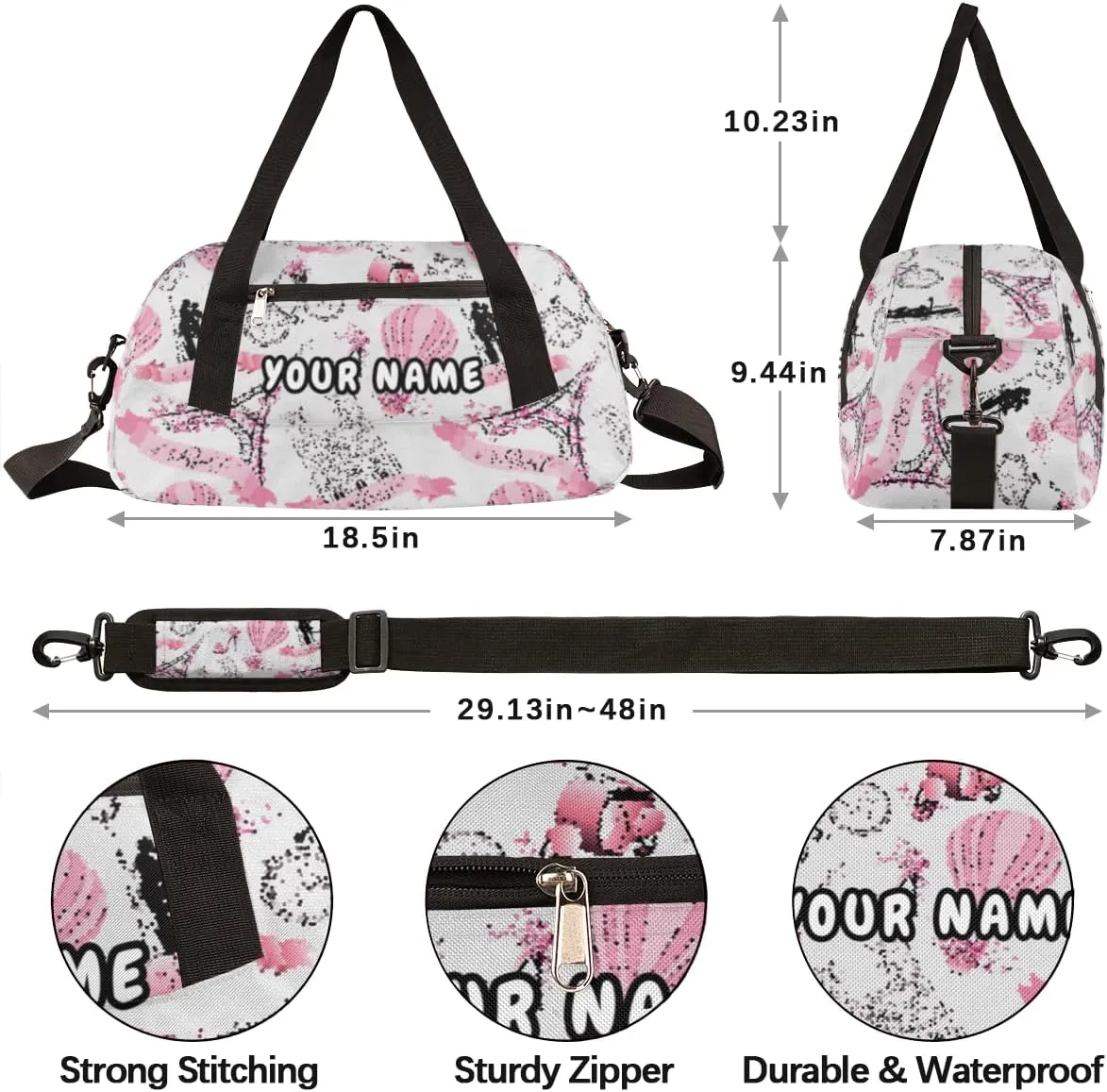 Romantic Paris Eiffel Tower Personalized Kids Duffel Bag for Girls Boys, Tower Debris Custom Name Dance Bag Overnight Small Duffel Bag Carry On Sports Travel Bag for School Practice Gymnastics Ballet