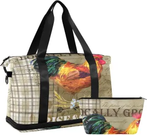 Rooster Domestic Farm Bird Isolated on Vintage Poster Gym Duffel Bag, Polyester Travel Weekender Luggage Handbag with Waterproof Pocket for Wet Items, Unisex Foldable Tote for Sports