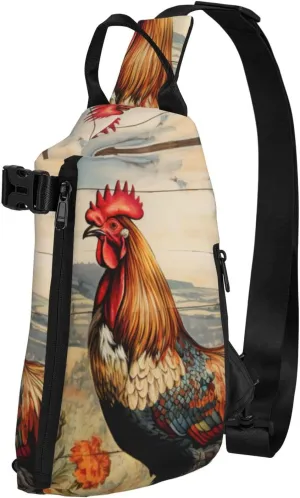 Rooster On Wood In Farmland Print Trend Casual Crossbody Chest Bag Leisure Travel For Men And Women Crossbody Bag