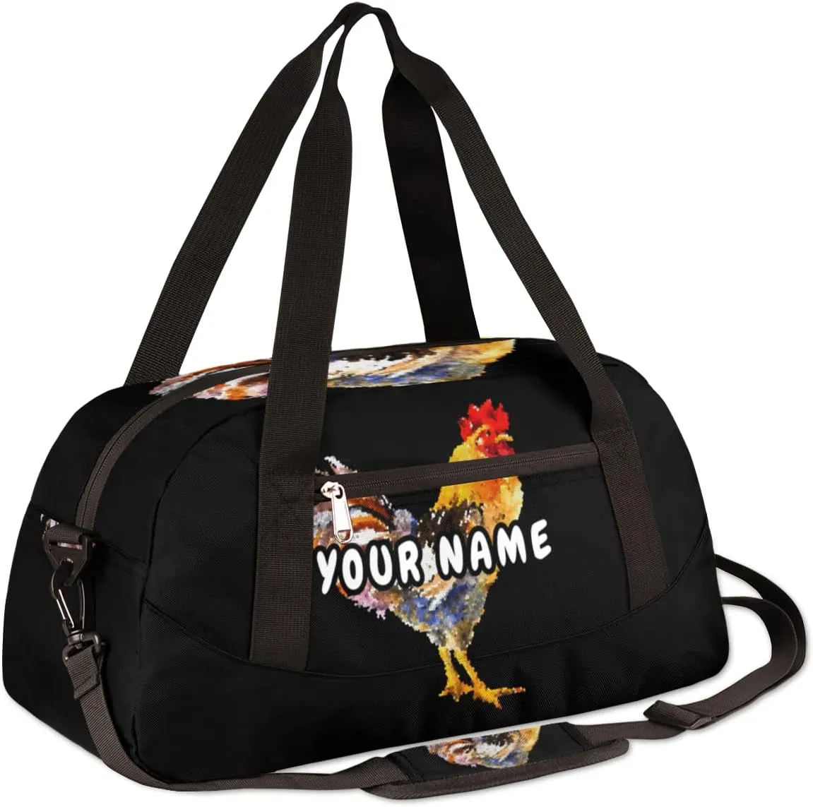 Rooster Pattern Personalized Kids Duffel Bag for Girls Boys, Rooster Debris Custom Name Dance Bag Overnight Small Duffel Bag Carry On Weekend Sports Travel Bag for School Practice Gymnastics Ballet