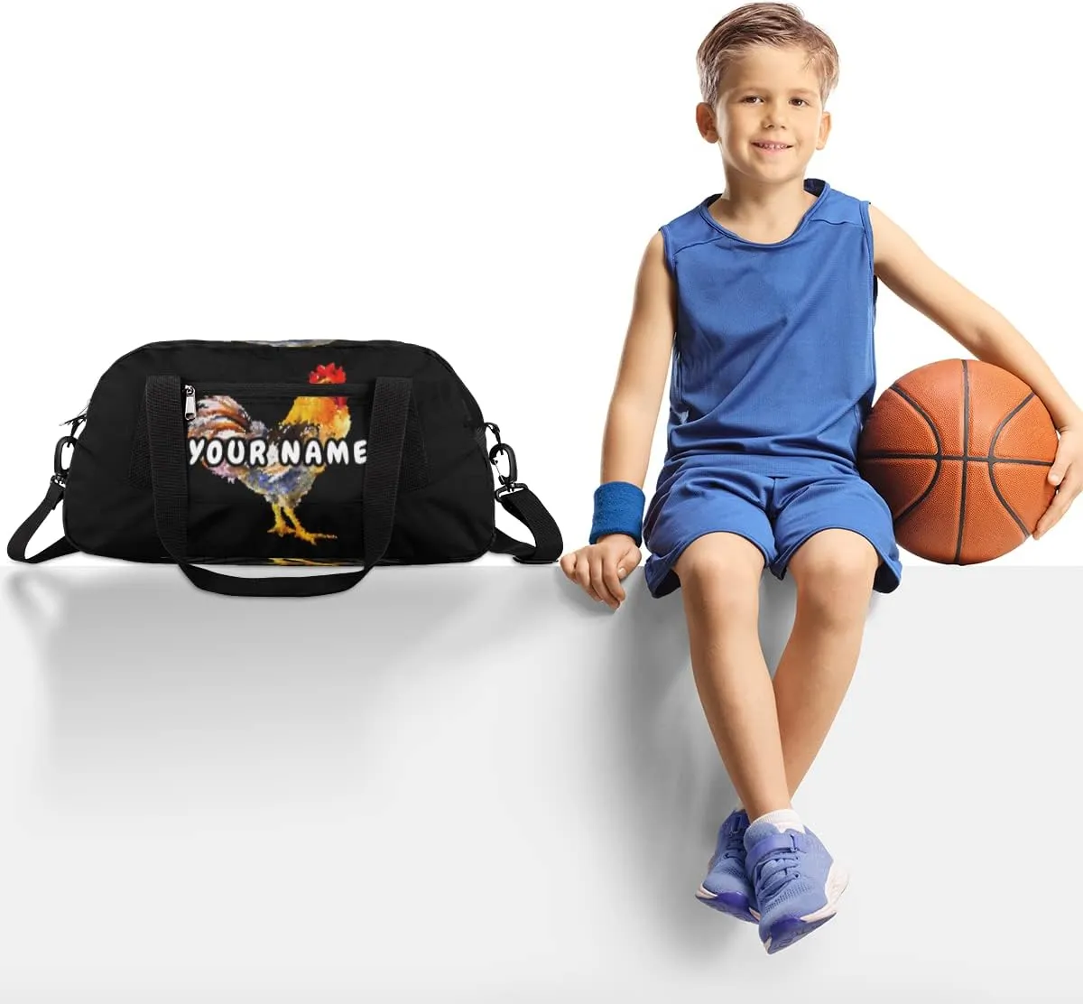 Rooster Pattern Personalized Kids Duffel Bag for Girls Boys, Rooster Debris Custom Name Dance Bag Overnight Small Duffel Bag Carry On Weekend Sports Travel Bag for School Practice Gymnastics Ballet