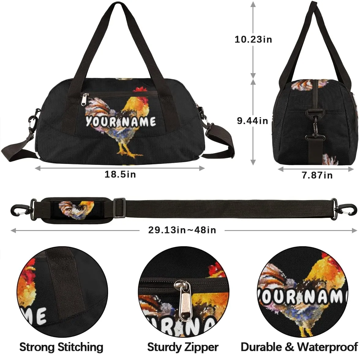 Rooster Pattern Personalized Kids Duffel Bag for Girls Boys, Rooster Debris Custom Name Dance Bag Overnight Small Duffel Bag Carry On Weekend Sports Travel Bag for School Practice Gymnastics Ballet