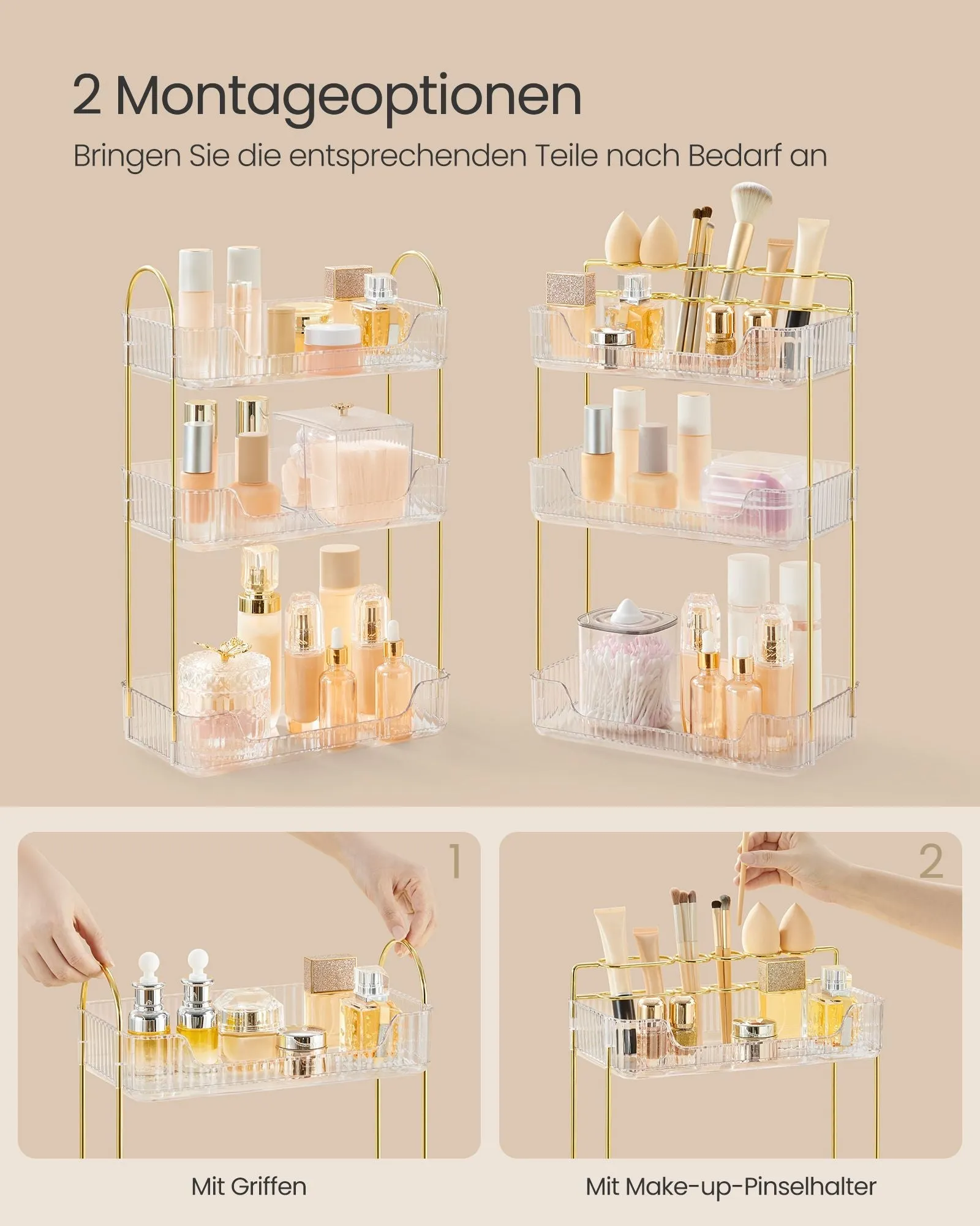 Rootz 3 Tray Cosmetic Organizer - Vanity Organizer - Makeup Storage - Metal and PET Plastic - 30.5cm x 16.8cm x 48cm