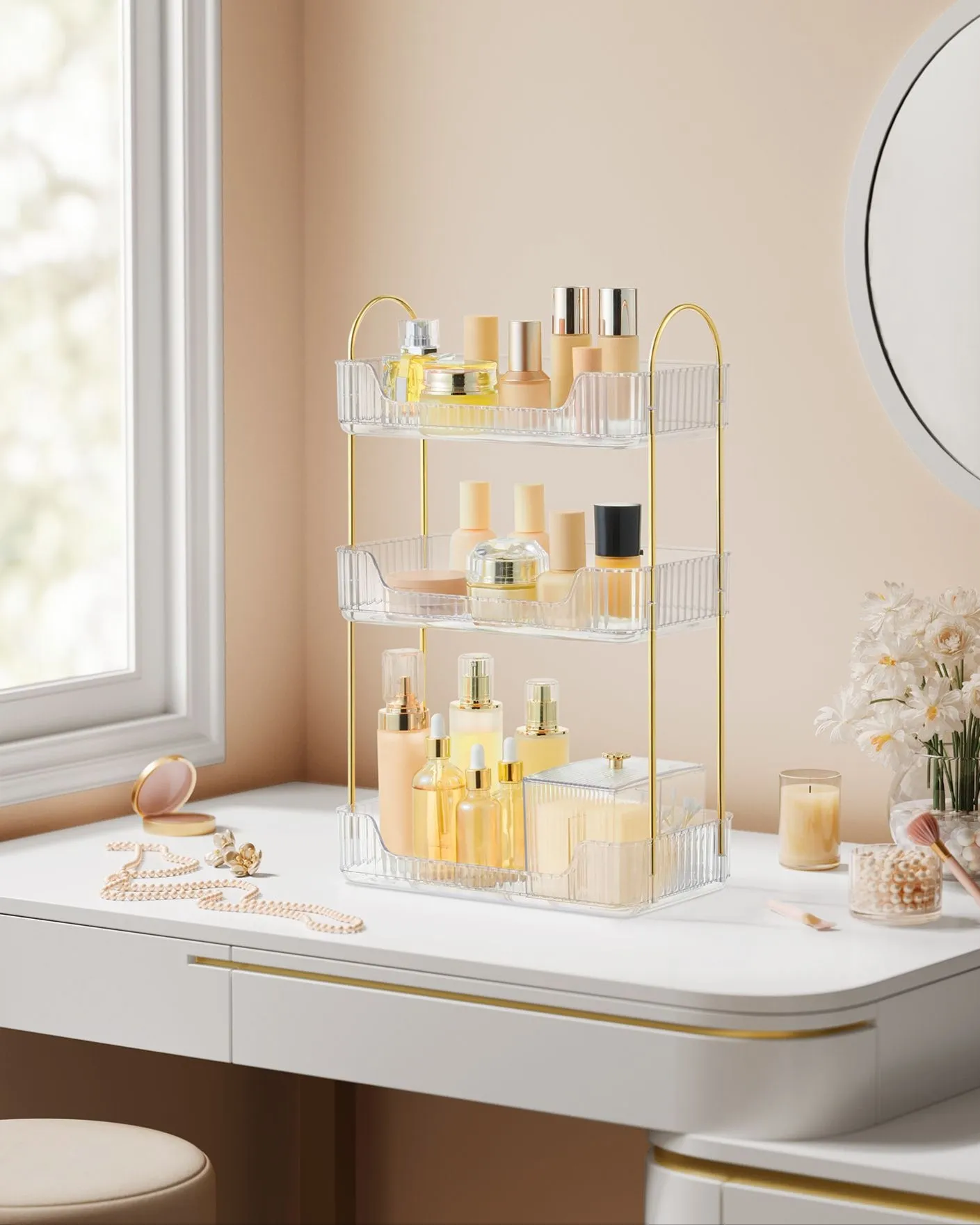 Rootz 3 Tray Cosmetic Organizer - Vanity Organizer - Makeup Storage - Metal and PET Plastic - 30.5cm x 16.8cm x 48cm
